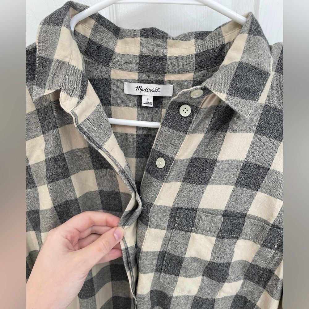 Madewell Tan Gray Flannel Quarter Button Oversized Ex Boyfriend Shirt Size S - Picture 3 of 5